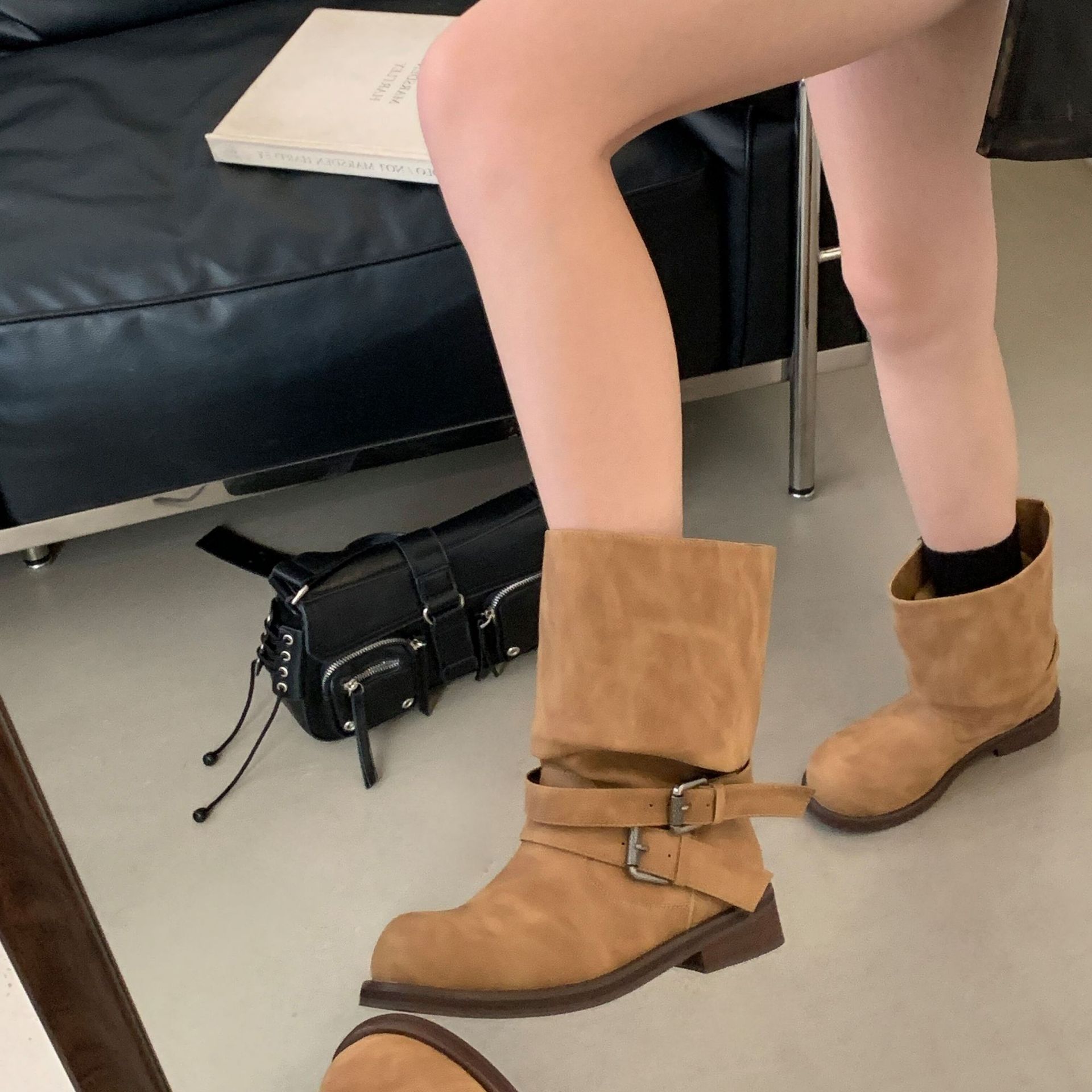 

Cowhide version~ genuine leather boots thick-soled round head retro belt buckle long boots women s autumn and winter medium and high boots knight boot 39 светло-коричневого