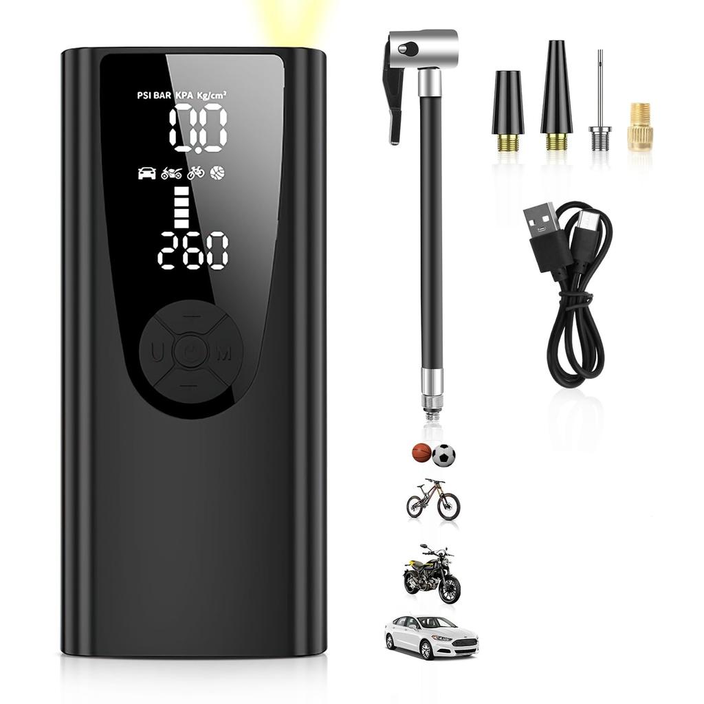 BIGMUMU Electric Bicycle Pump for Motorcycles and Cars Customizable 4 6000mAh Large Maximum Pressure of 150 4 Unit and American Auto with LED Low
