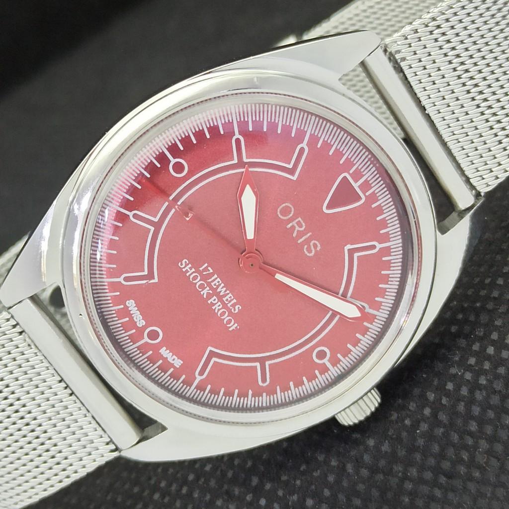 VINTAGE ORIS AUFZUG SCHWEIZER HERREN ÜBERHOLT ROTES Armbanduhr 558b-a296772-1