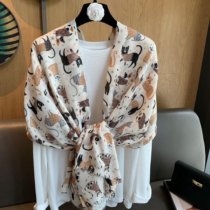 Winter Cartoon Cute Cat Pattern Fringe Viscose Shawl Scarf Lady High Quality Thick Wrap Pashmina Stole Bufandas Muslim Hijab New
