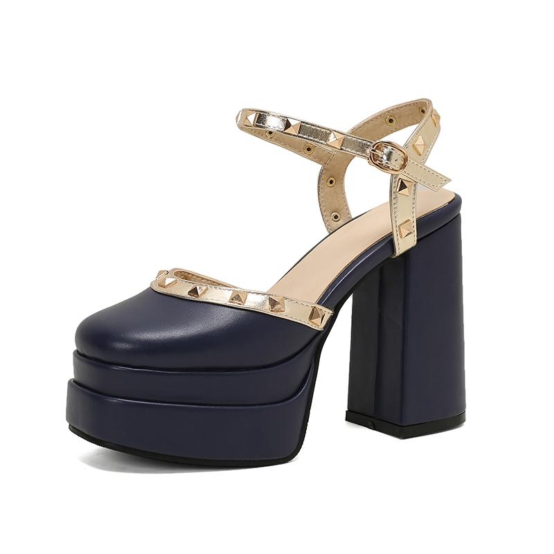 

Женские босоножки на высоком каблуке весна-лето новые сексуальные европейский и американский стиль водонепроницаемые толстый каблук большой размер римские сандалии 50 темно-синий