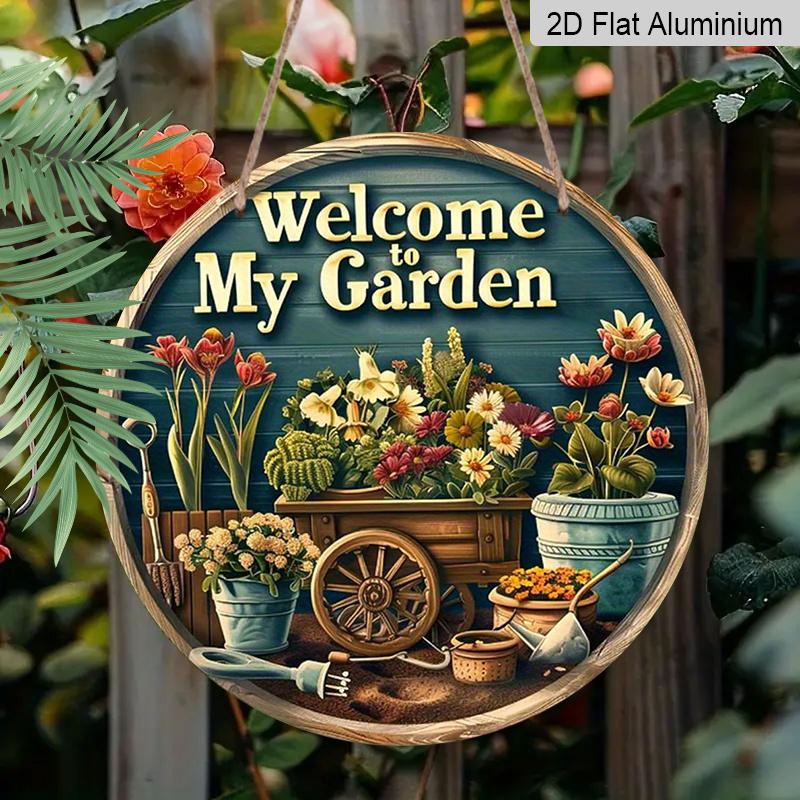 2D Flat, 1pc Vintage Aluminum Welcome To My Garden Sign - Weatherproof Floral Mural Wall Art with Hanging Rope, Rustic Indoor/Outdoor Decor for Home