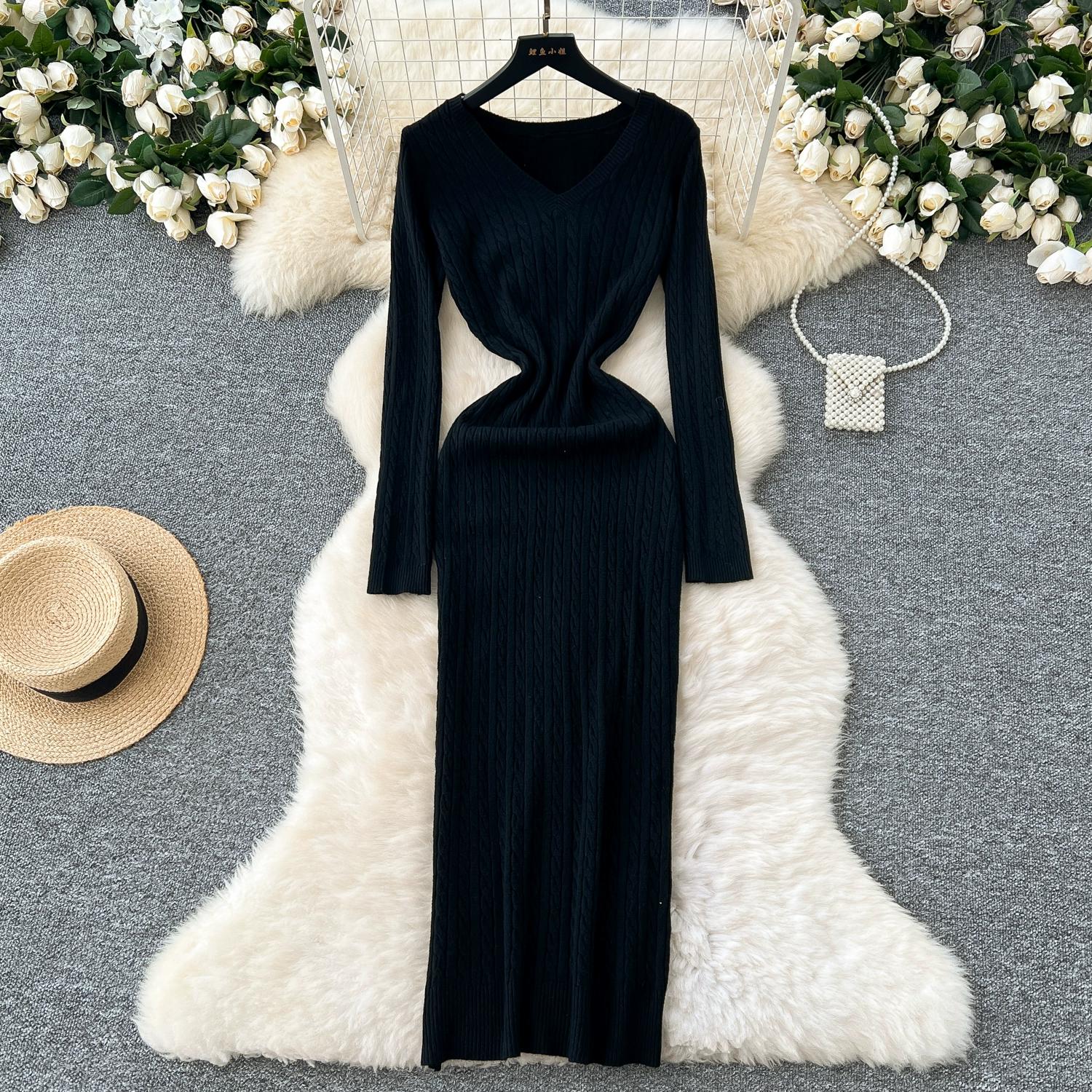 

Осень Зима Женский Повседневный Пуловер С V-образным Вырезом и Длинным Рукавом, Вязаный Косами, Платья-миди Футляр One Size чёрный