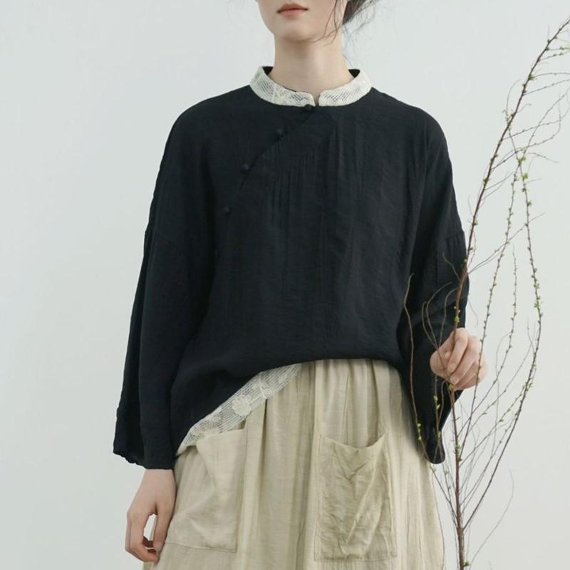 Johnature Women Vintage Shirts Tops Stand Long Sleeve Patchwork Color Blouses Spring Loose Shirts