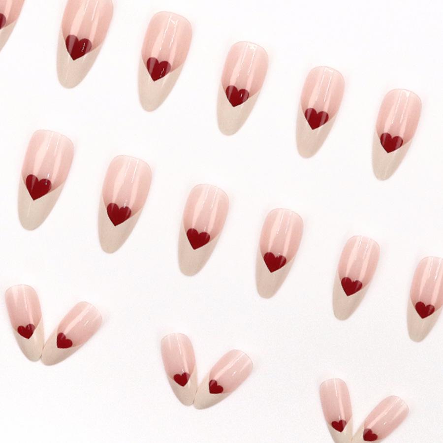 French Almond Heart 24-Piece Nail Stickers: Elegant & Simple Design