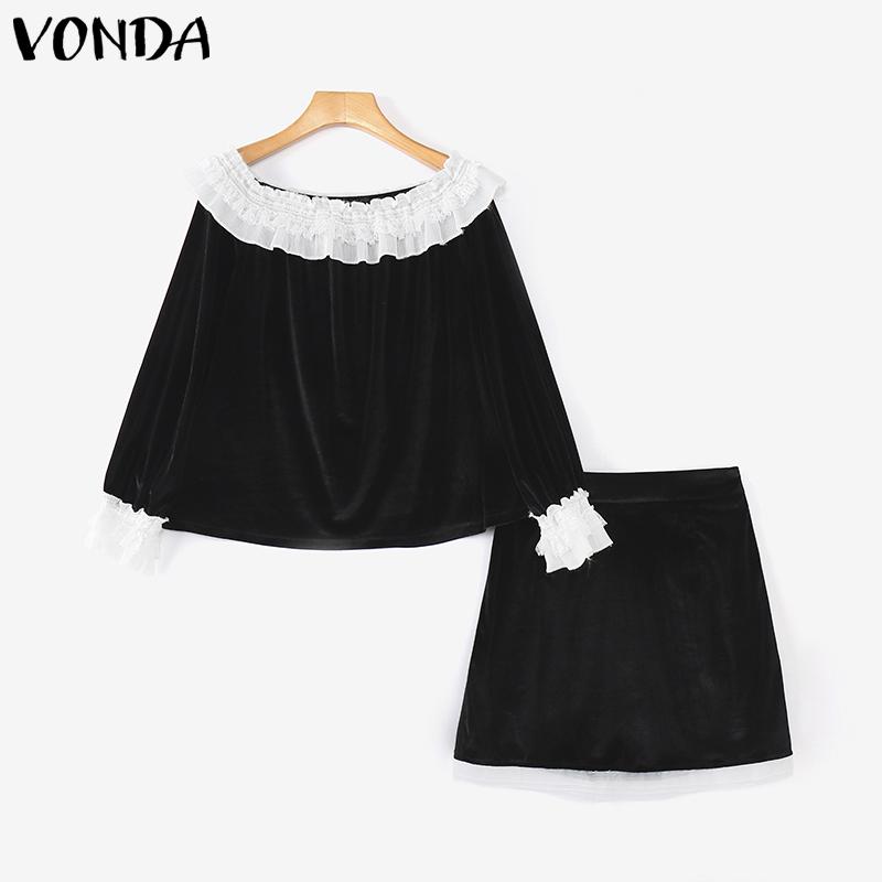 VONDA Women Summer Lace Off Shoulder Top Short Skirt Sets