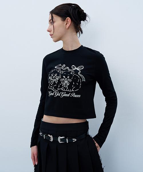 Uncover Ribbon Cats Crop Long Sleeve Black Free