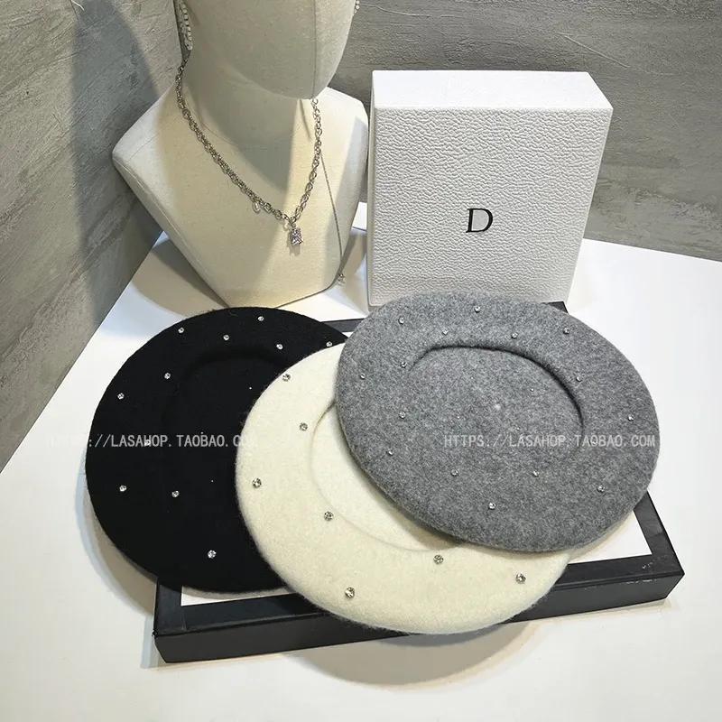 2026 Luxury Rhinestone Wool Thick Berets Artist French Korea Beret Women Painter Hat Girls Female Warm Walking Cap