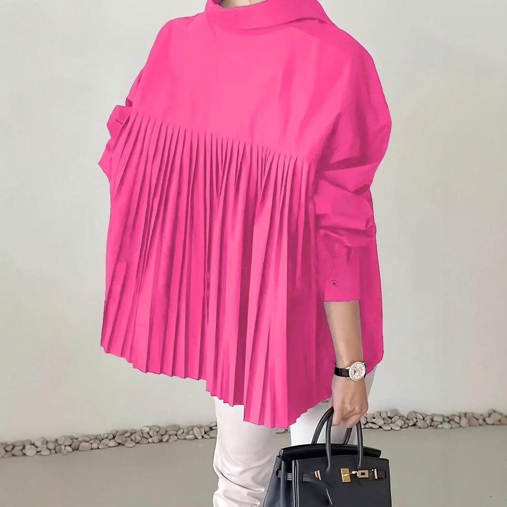 Dámská košile s klasickým límcem a dlouhým rukávem, oversized střih, jednobarevná, plisovaná, asymetrický lem, nadměrná velikost, ležérní, kancelářská halenka