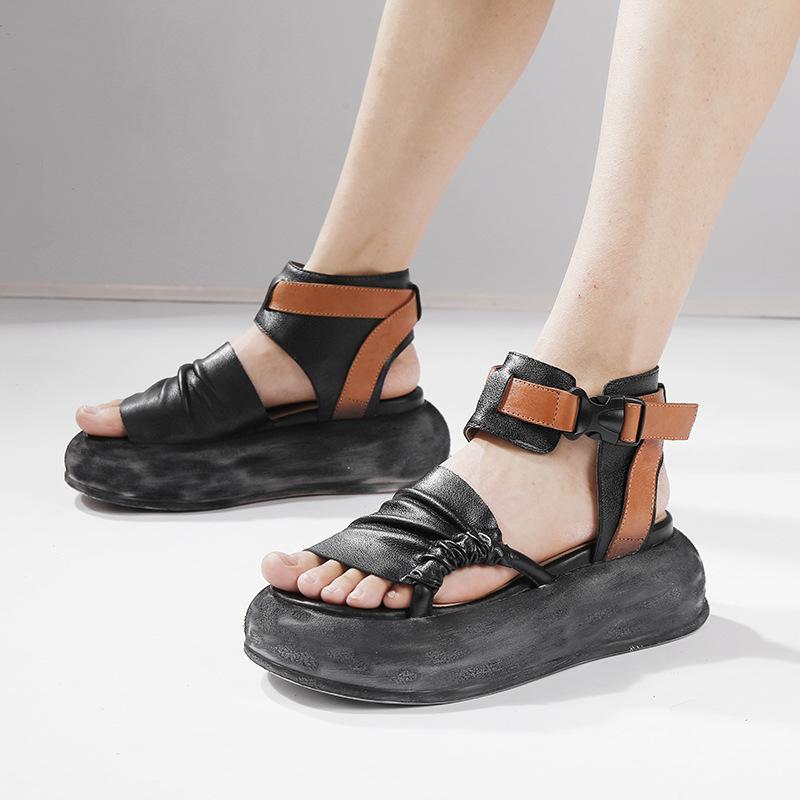 GKTINOO  6.5cm Cow Genuine Leather Summer Ankle Booties Round Summer Sandals Mary Jane Platform Wedge Buckle Women Shoes