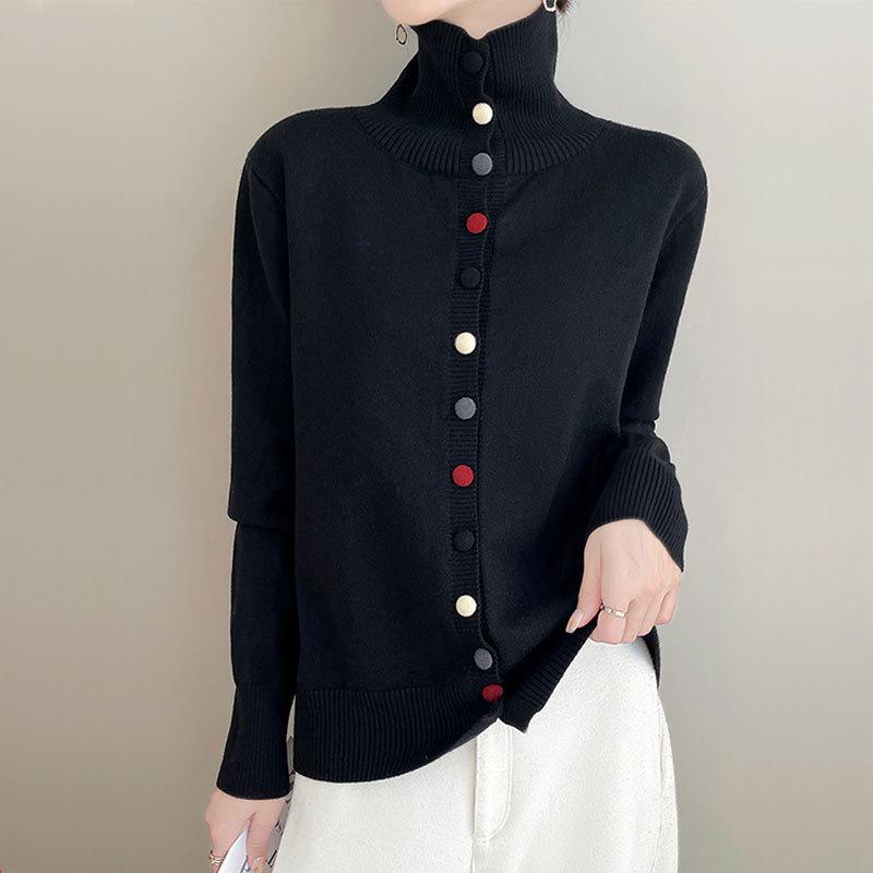 Women's Chic High-Neck Knit Cardigan - Autumn/Winter Single-Breasted Versatile Sweater