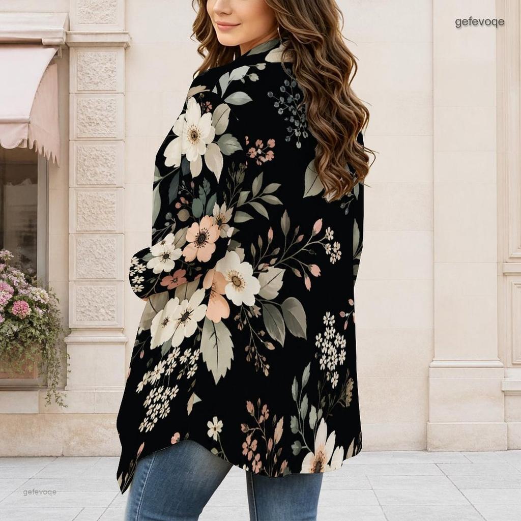 Women Plus Size Floral Printed Long Sleeve Open Front Draped Collar Curved Hem Cardigan