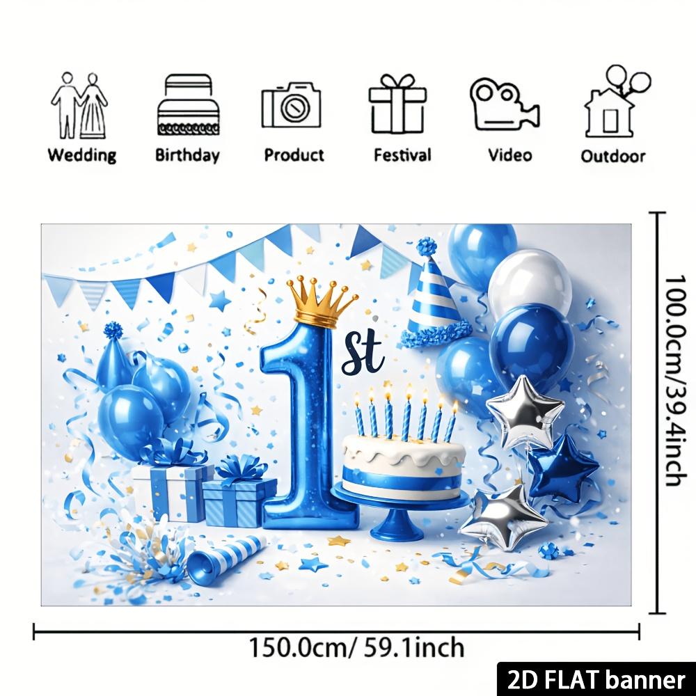 2D Plane 1-year-old Birthday Party Backdrop, Blue and White Balloon Crown with the Number 1 Element, Wall Decoration