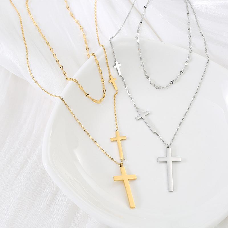 Stainless Steel Necklaces Cross Pendant Choker Double Stacked Wear Light Luxury Fine Necklace For Women Jewelry Gifts