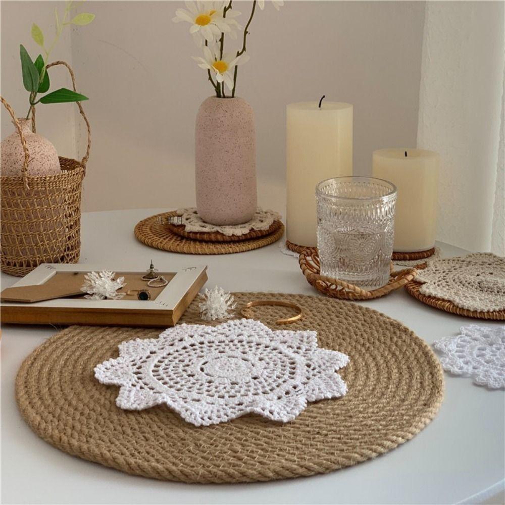 2/4Pcs Knitted Texture Lace Floral Coasters Vintage Round Woven Placemats Wedding Party