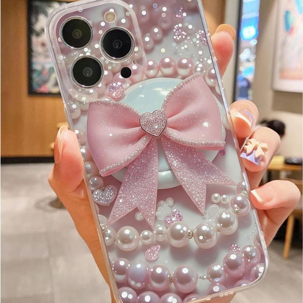 Large Pink Bow Anti-Fall Transparent Case for iPhone 14-17 Pro Max
