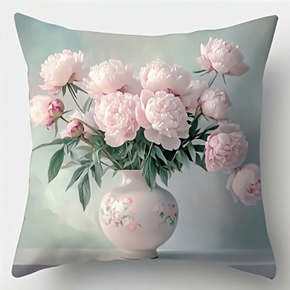 Vase of Pink Peonies On PillowSuitable for Sofa Car Bedroom Decorative Cushion Cover Pillow Cover
