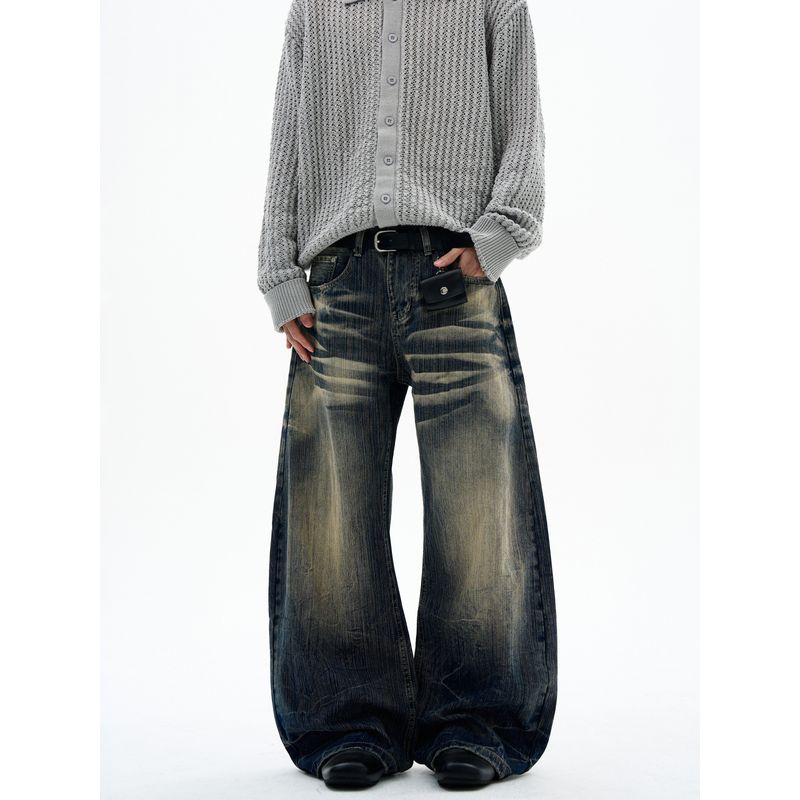 Kisko American-Style Washed Vintage Whiskered Bamboo Texture Jeans for Men and Women, New Trendy Brand Loose Straight-Leg Scimitar Pants