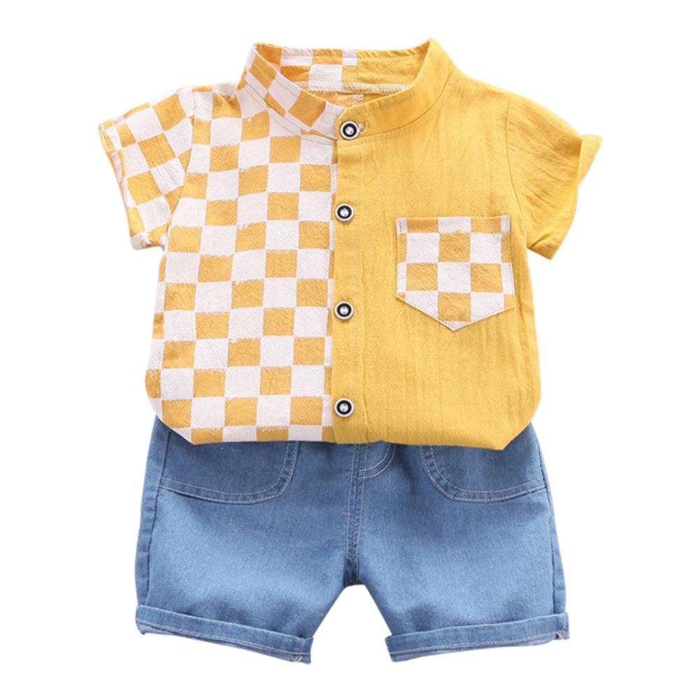 

Одежда для маленьких мальчиков, летняя хлопковая рубашка в клетку, костюм для мальчика, рубашка + джинсовые шорты, одежда для мальчиков, повседневный комплект из двух предметов 110