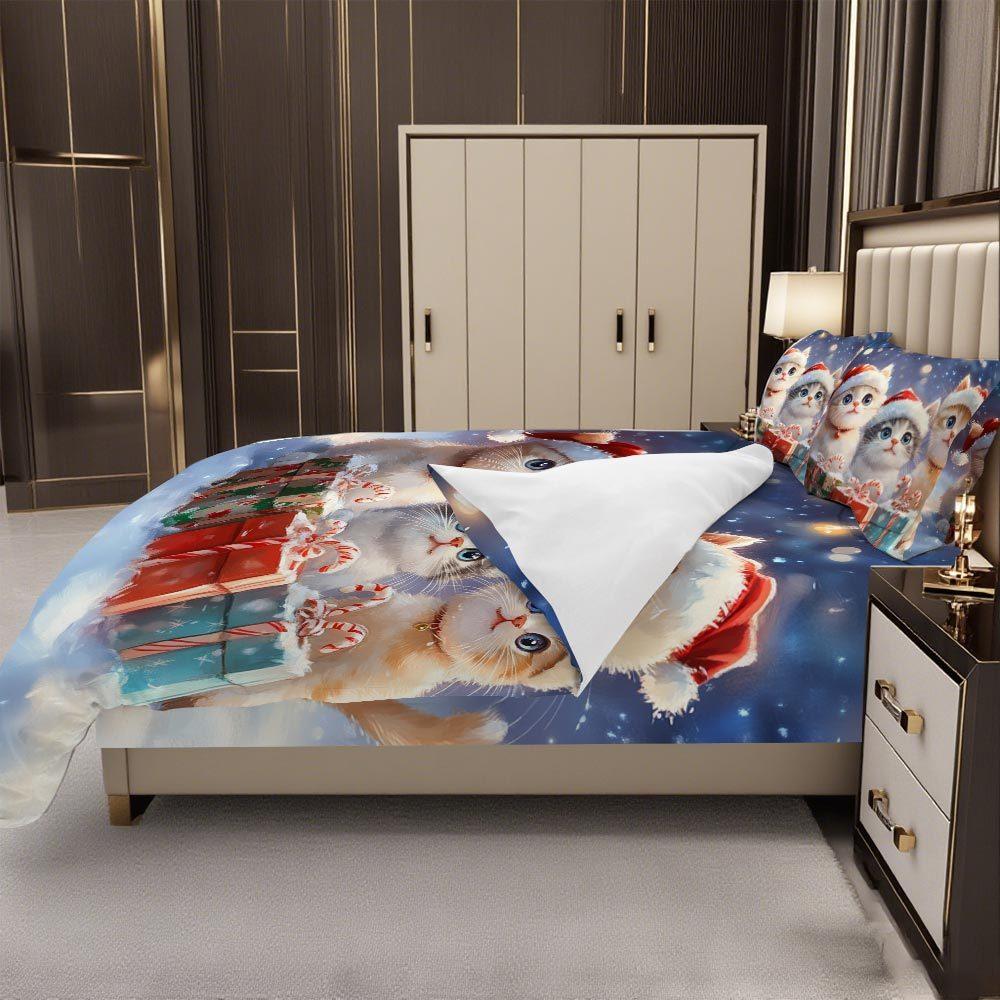 Lifesmells 3pcs Kitten Santa Duvet Cover Set Cute Bed Cover Set Fluffy Bedding Set 1 Quilt Cover + 1/2 Pillowcases+1 Flat Sheet