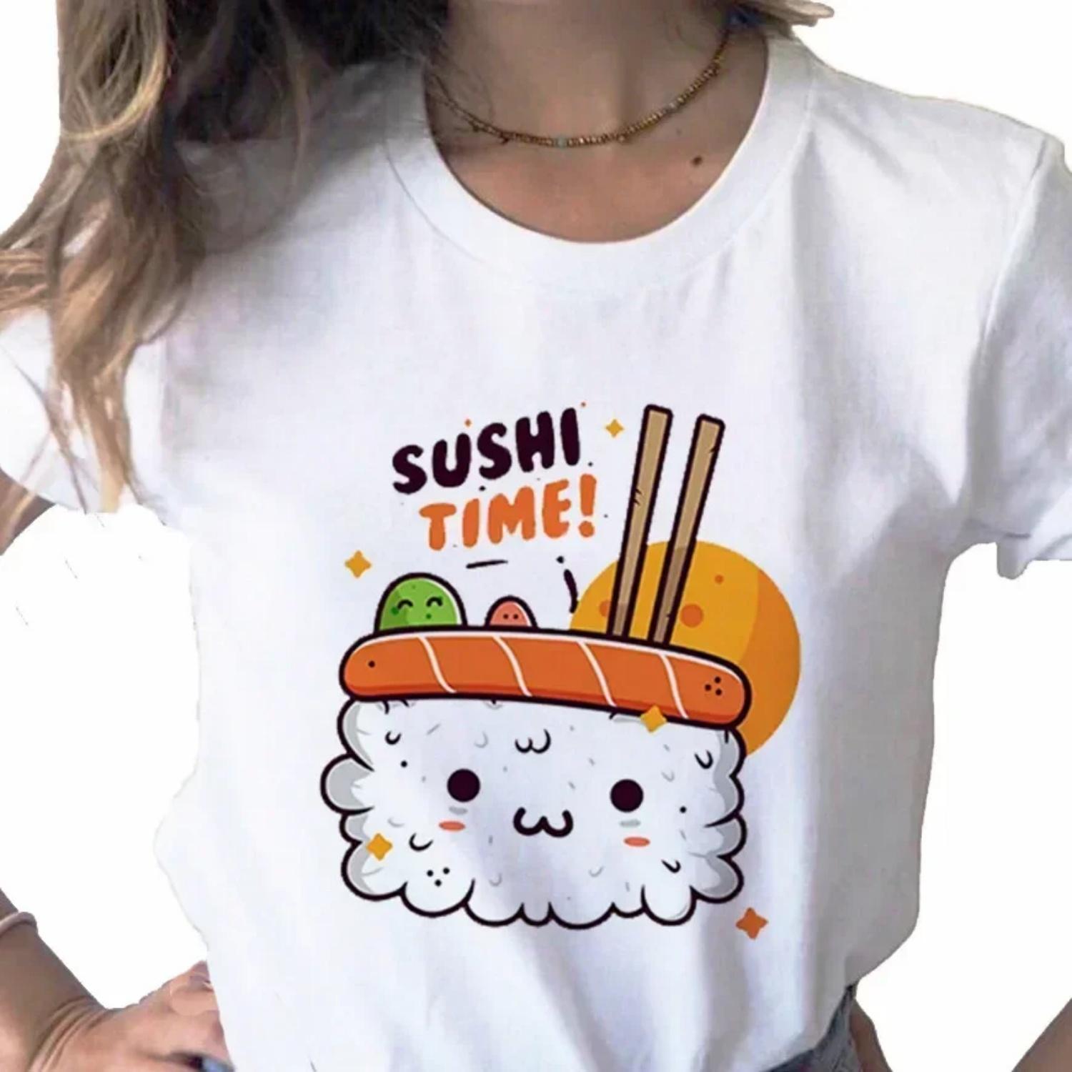 

Summer New Cute Sushi Print Ladies T-shirt Ladies Casual Basic Style O-neck White Shirt Short-sleeved Ladies T-shirt Women Y2K XXXXXL білий