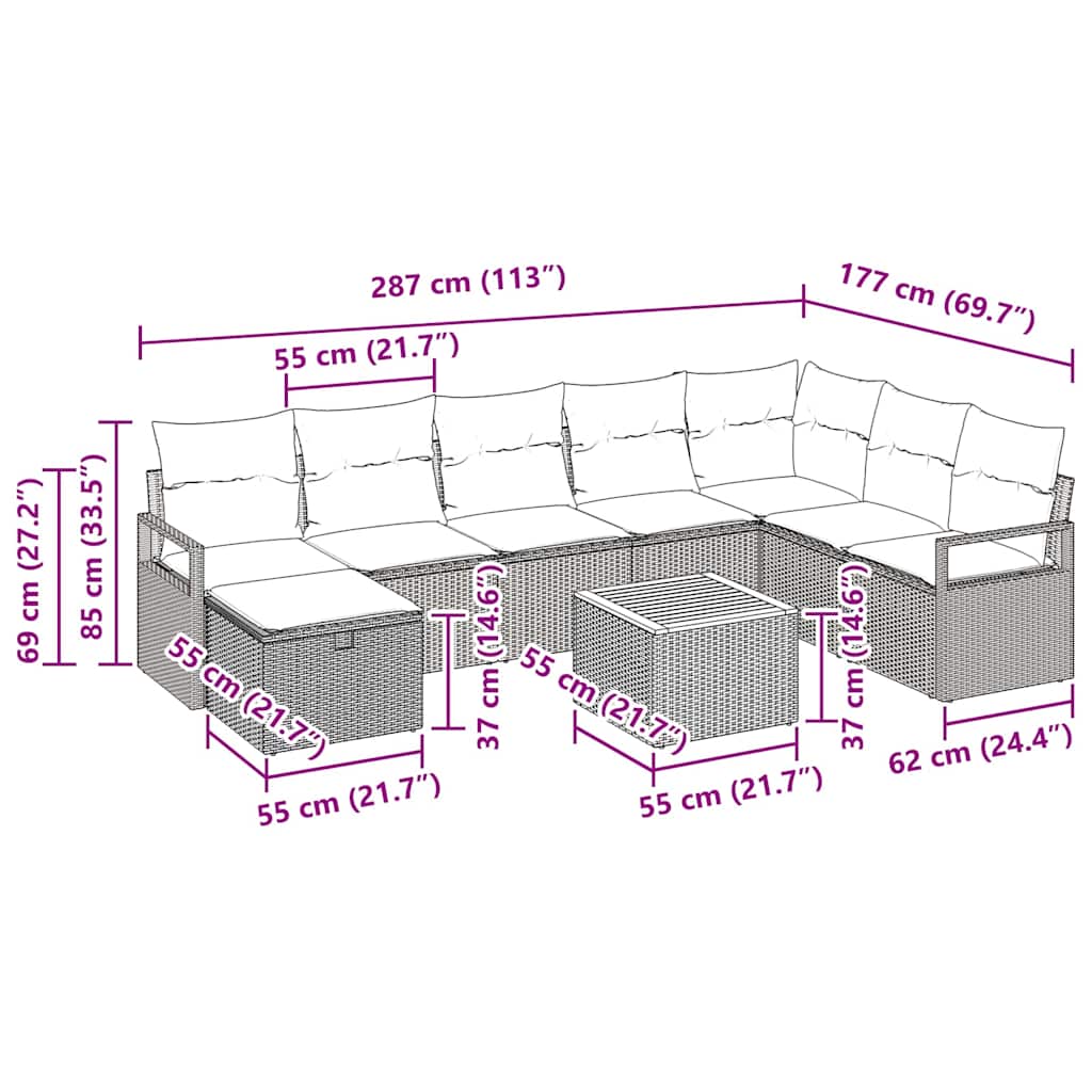 9 Piece Black Poly Rattan Garden Sofa Set with Cushions