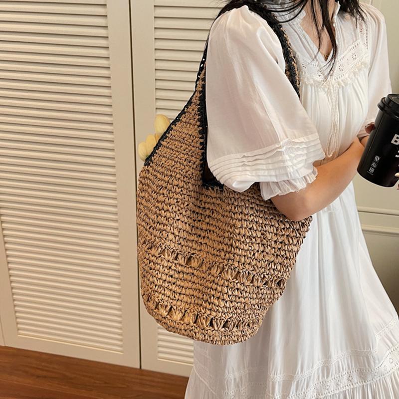 Yogodlns Straw Tote Bag Large Capacity Straw Bag For Women Woven Fashion Handmade Boho Shoulder Bag High-end Seaside Vacation Beach Bag