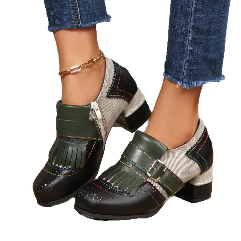 Spring and Autumn Ladies Wind Bullock Contrasting Tassel Side Zipper Women's Shoes Belt Buckle Middle Heel Single Shoes