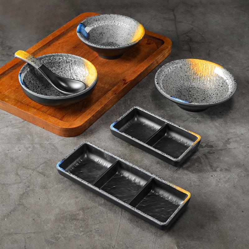 Melamine Japanese Style Tableware: Small Bowls, Plates, Spoons, Cups, Condiment Dishes, Soup Bowls, Rice Bowls for Hot Pot Restaurants.