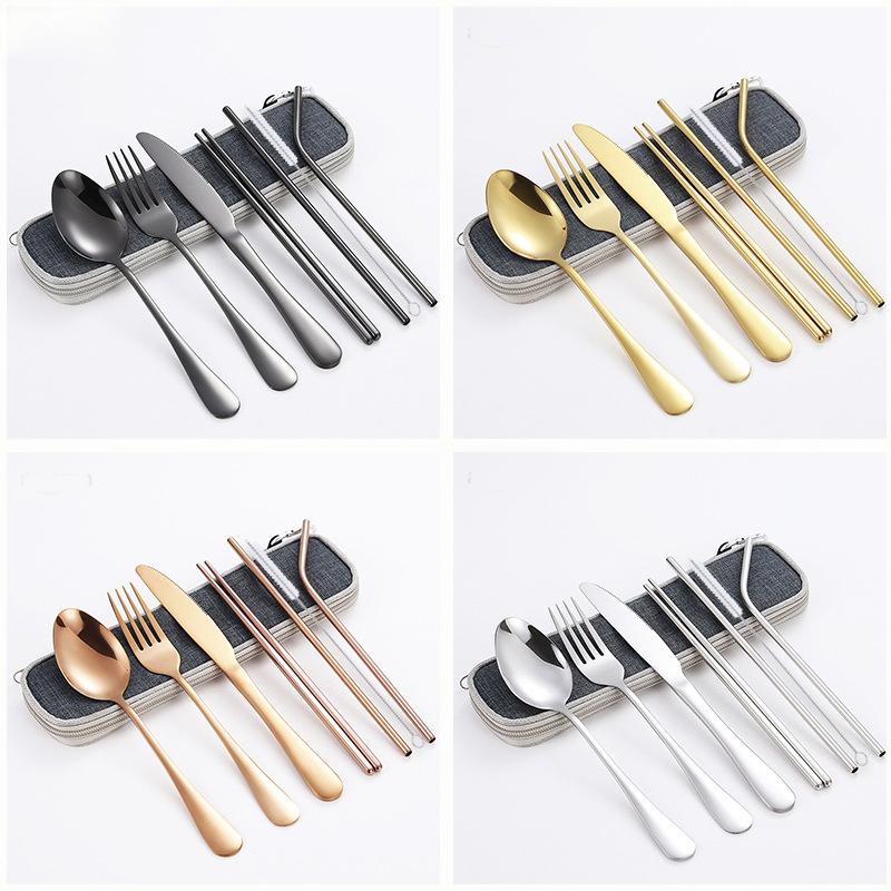 Stainless Steel Knife and Fork Spoon, Cleaning Brush, Chopsticks Set Out for Hotel Home Dinner, Smooth Integrated Forming, 7PCs