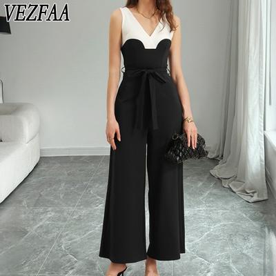 Damenmode Lässig Sommer Frühling Farbblockdruck Ärmellos V-Ausschnitt Hohe Taille Hosen Jumpsuits & Rompers