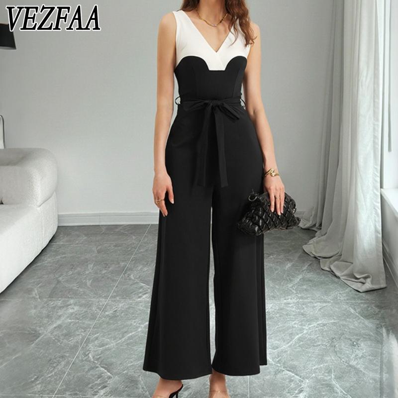 VEZFAA Women's Fashiaon Casual Summer Spring Colour Block Print Sleeveless V-Neck High Waist Trousers Jumpsuits & Rompers