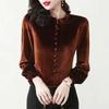 Gold Velvet Women's 2024 Autumn Winter Splicing O-Neck Button Ruffles Fashion Solid Color Minimalist Casual Long Sleeve Top