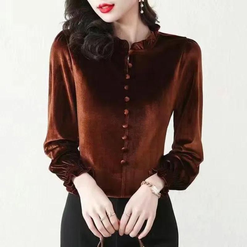 Gold Velvet Women's 2024 Autumn Winter Splicing O-Neck Button Ruffles Fashion Solid Color Minimalist Casual Long Sleeve Top