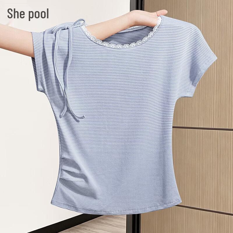 Women s Pleated Lace Trim Striped Round Neck T-Shirt M