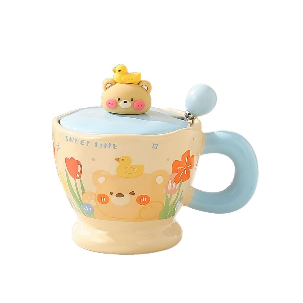 Cute Rabbit Mug Cartoon Bear Ceramic Cup Office Home Couple Water Cup With Lid Spoon Girl Gift