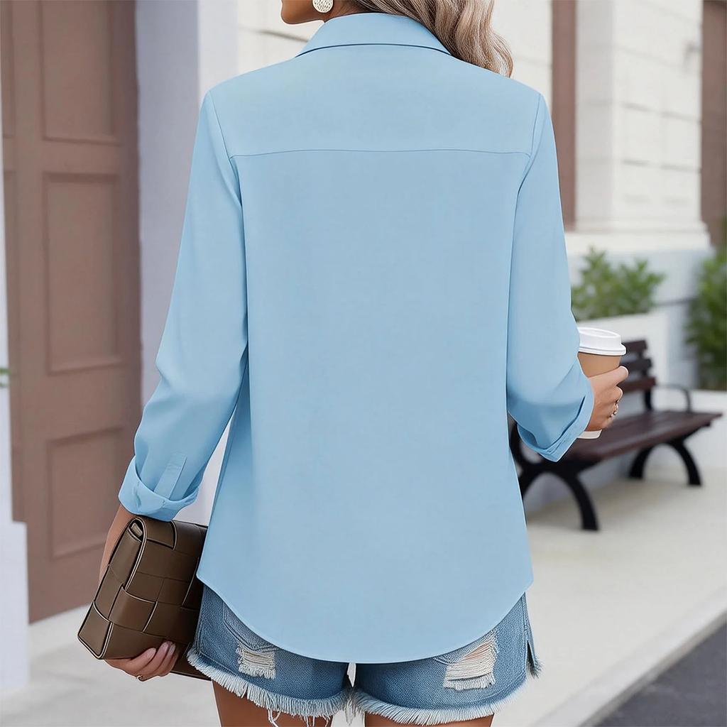 Camisa casual de manga larga para mujer con bolsillos