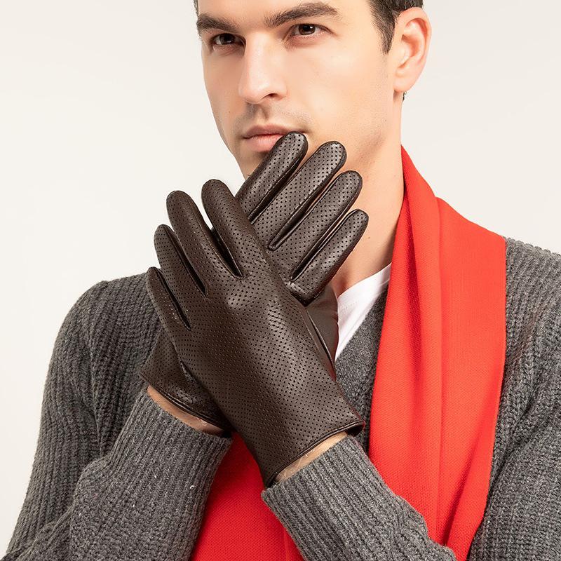 Men's Thin Genuine Leather Driving Gloves - Perforated Sheepskin, Touchscreen, Spring/Autumn.