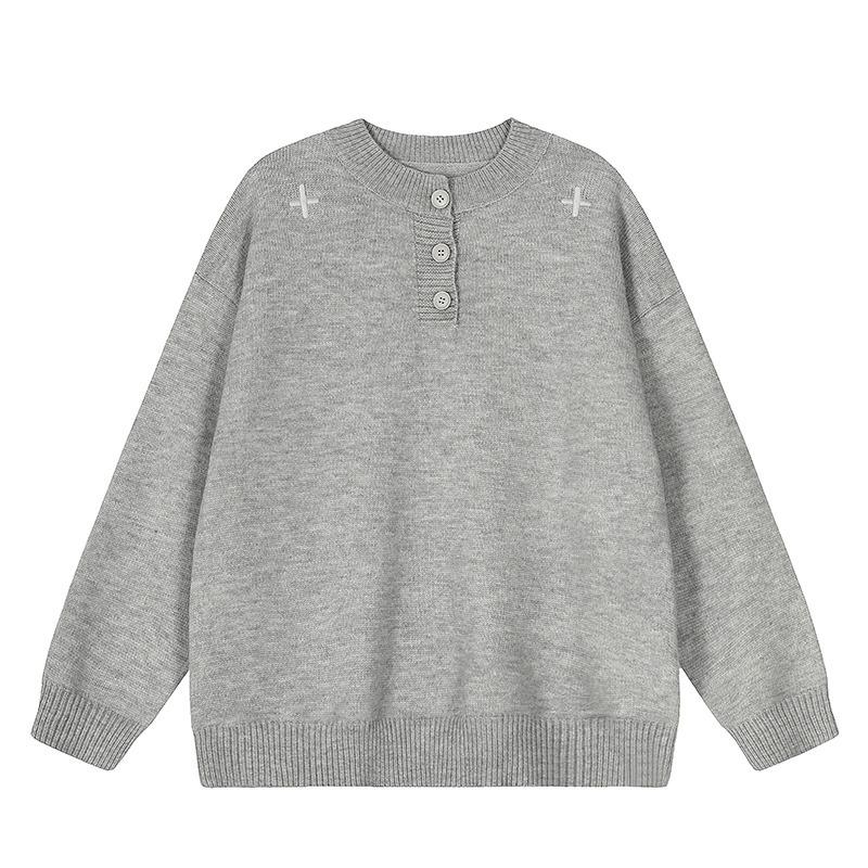 Men's Autumn/Winter Henry Collar Embroidered Sweater - Classic, Loose Knitwear with a High-End Feel