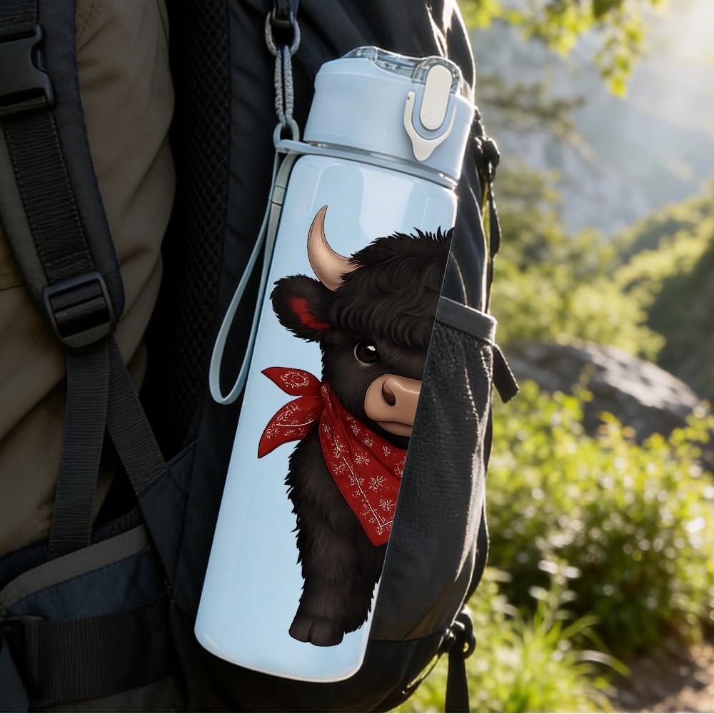 1PC Bull Cowboy Western Animal Pattern 750ml Color Plastic Sports Water Bottle Leakproof Flip Straw Lid Suitable for Sports Office Home Use