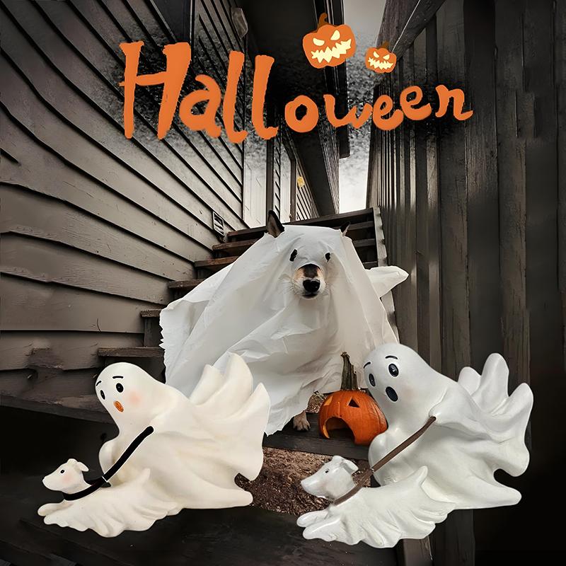 Ghost Walking Dog Statue, Cute Ghost Resin Figurine, Halloween Decorations For Party, Home, Bedroom, Shelf, Table Centerpiece