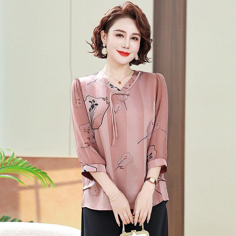 Women's Floral Print Chiffon Blouse V-neck Tie Front 3/4 Sleeve Loose Fit Casual Top for Middle-Aged