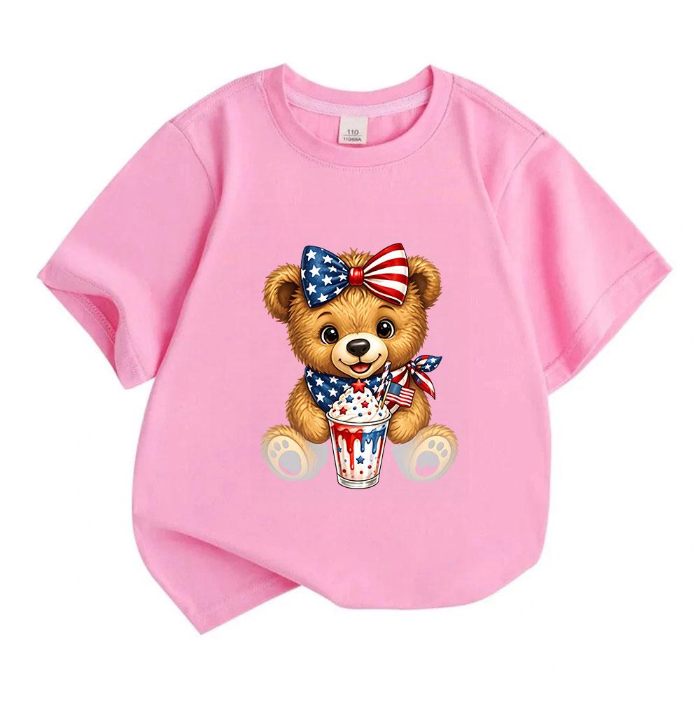 Kids Boys Girls 100% Cotton Crew Neck Short Sleeve T-Shirt, Cute Patriotic Brown Bear American Flag Bow Milkshake Print 4th of July Casual Summer Tee
