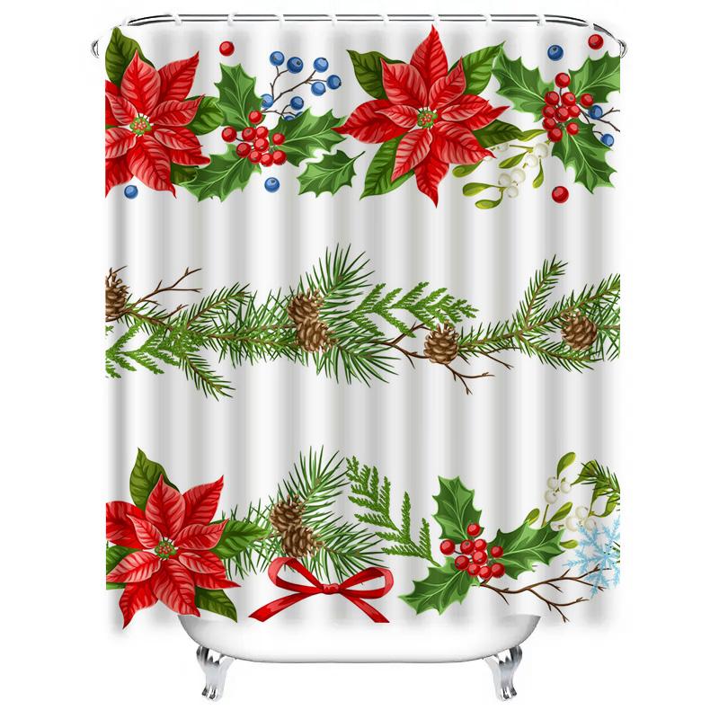 TU Christmas Shower Curtain Festive Holiday Decor Red Poinsettia Floral Bathroom Curtain Waterproof Holiday Season Home Decor Gi