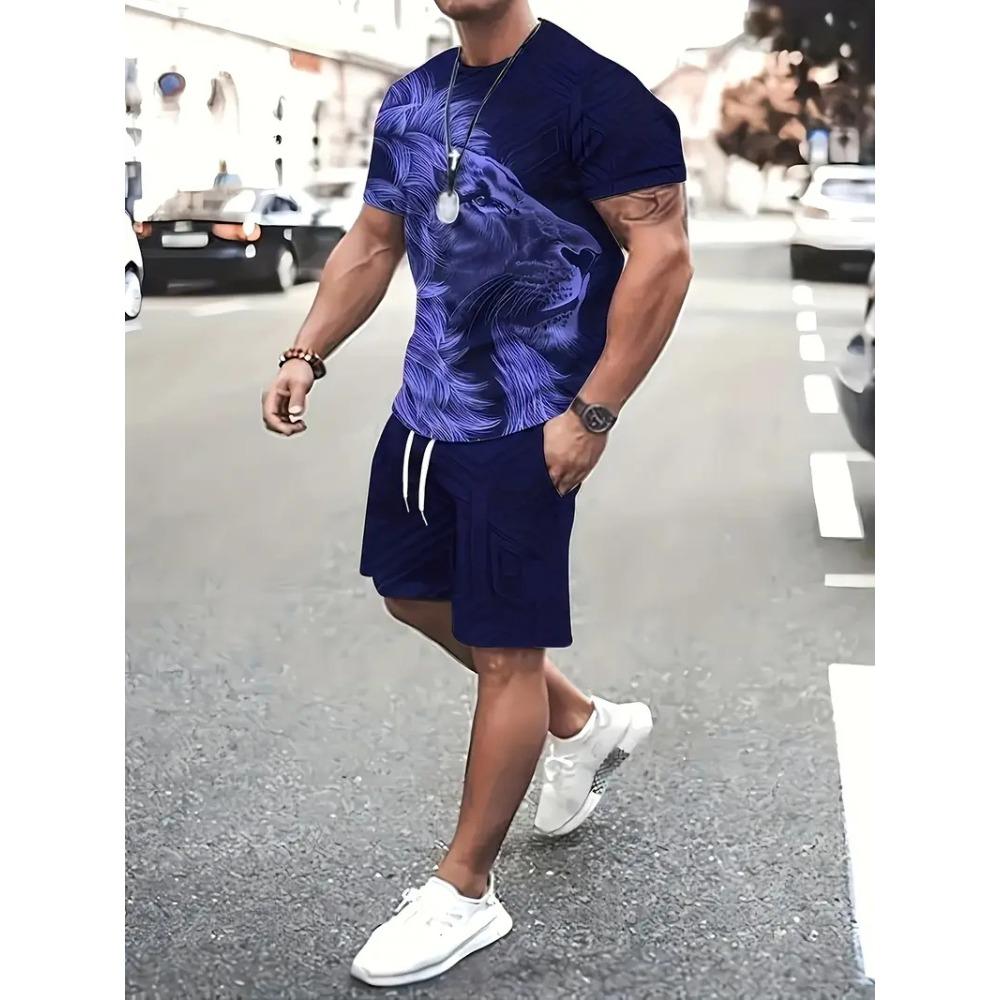 Funny 3D Cat Print Men's Sets Summer Casual O-neck Short Sleeve Tops Shorts 2 Piece Fashion Lion Pattern Suit T-Shirts Outfit