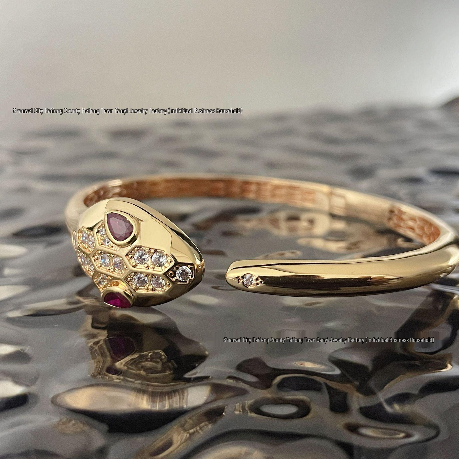 Ruby Double Snake Head Open Bangle: Gold-Plated, Diamond-Inlaid Bracelet