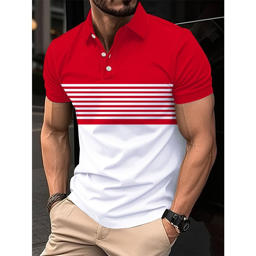Summer Men's Sports and Leisure Outdoor Polo Shirt, 3D Digital Printed Men's Multi-color Striped Top