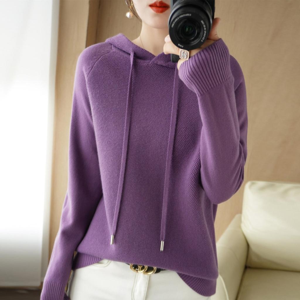 Women's Hooded Long Sleeve Loose Fit Knit Sweatshirt Solid Color Casual Pullover Winter Top