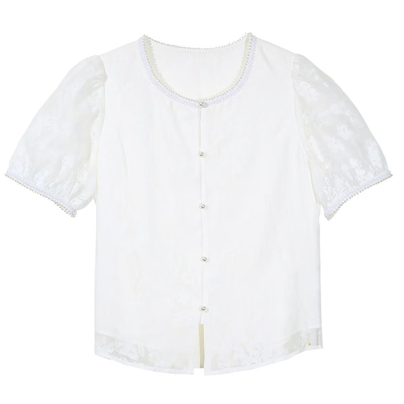 

BETU Women s Puff Sleeve Jacquard Pearl Lace Short Sleeve Top M