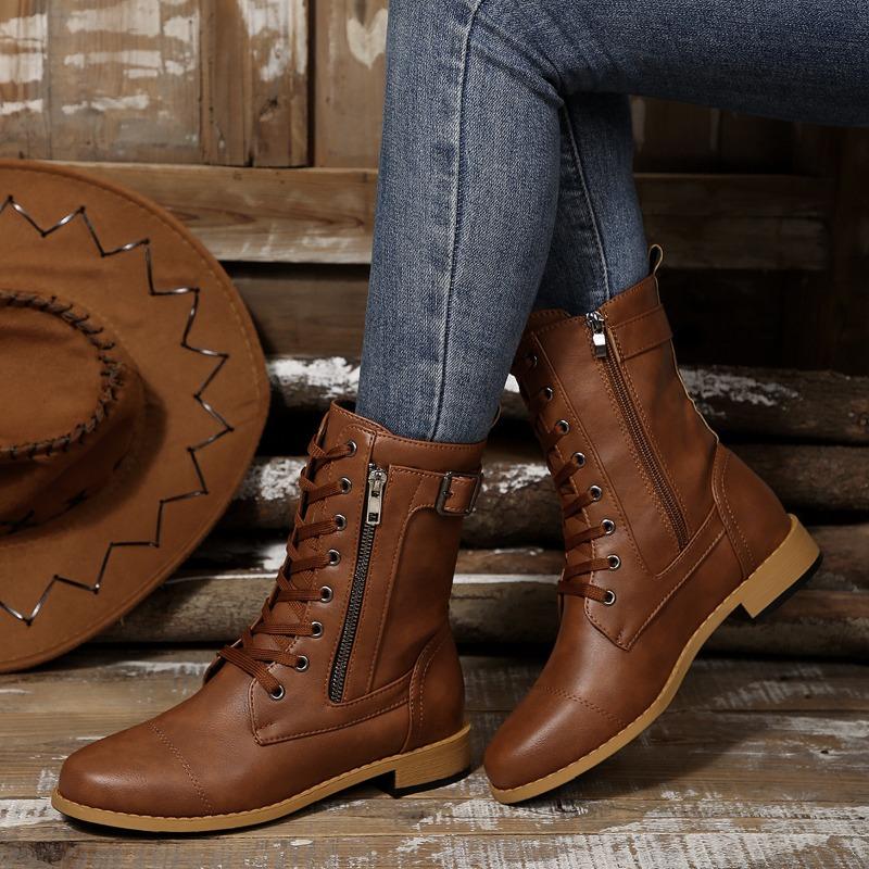 Medium women's boots autumn and winter new round head fashion belt buckle solid color side zipper Martin boots